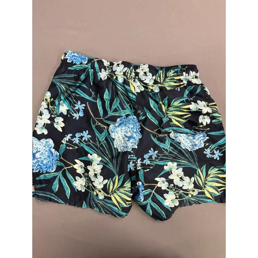 MENS OLD NAVY SWIM TRUNKS Shorts Draw String lined BLUE Flowers Hawaiian Small